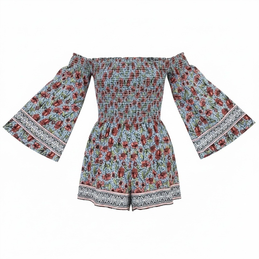 Altar'd State Celia Romper M Blue Red‎ Floral Smocked Off Shoulder Bell Sleeve - Picture 1 of 9
